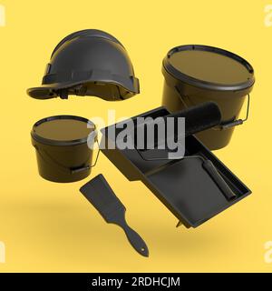 Set of flying safety helmet, bucket, tray with paint rollers and brushes for painting walls on monochrome background. 3d render of renovation apartmen Stock Photo