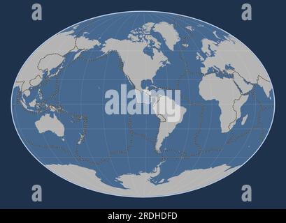 Shape of the Cocos tectonic plate on the solid contour map in the Fahey projection centered meridionally. Boundaries of other plates Stock Vector