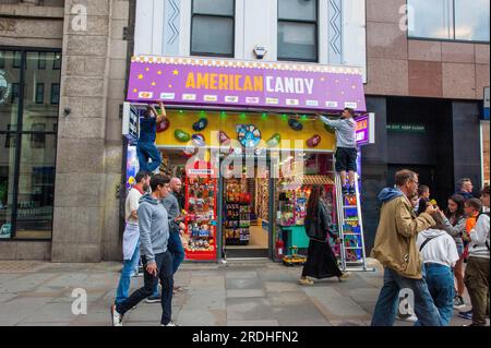 London, UK. 21st July, 2023. American candy store opens in The Strand in London's West End. This i s the first on this major road. Controversy continues over similar shops opening in Oxford street with allegations of illegal activities such as counterfeit goods, money laundering and unpaid business rates. Credit: JOHNNY ARMSTEAD/Alamy Live News Stock Photo