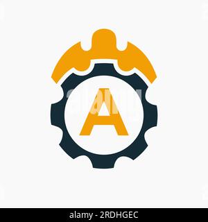 Construction Logo Letter A Concept With Gear Icon. Engineering Architect Repair Logotype Stock Vector