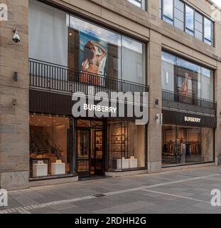 Front of the Burberry high-end fashion and accessories shop in Multrees Walk, Edinburgh, Scotland. Stock Photo