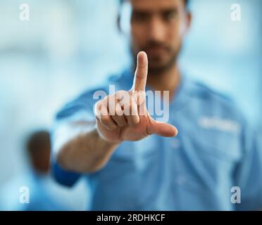Medical, nurse and 3d with hand of man in hospital for hologram, digital interface and network. Medicine, healthcare and future with closeup of person Stock Photo