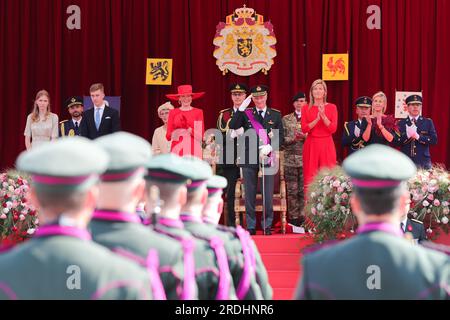 Brussels, Belgium. 21st July, 2023. Belgium's King Philippe and Queen Mathilde review a military and citizens' parade of Belgian National Day celebrations in Brussels, Belgium, on July 21, 2023. Credit: Zheng Huansong/Xinhua/Alamy Live News Stock Photo