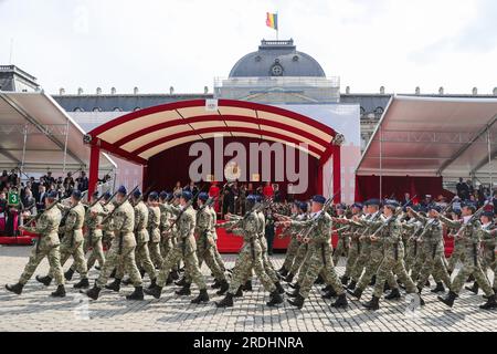 Brussels, Belgium. 21st July, 2023. Military personnel march during a military and citizens' parade of Belgian National Day celebrations in Brussels, Belgium, on July 21, 2023. Credit: Zheng Huansong/Xinhua/Alamy Live News Stock Photo