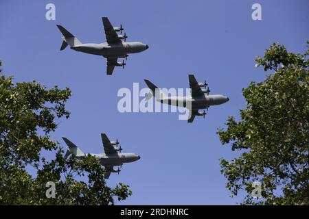 Brussels, Belgium. 21st July, 2023. A400M transport aircraft fly during a military and citizens' parade of Belgian National Day celebrations in Brussels, Belgium, on July 21, 2023. Credit: Zheng Huansong/Xinhua/Alamy Live News Stock Photo