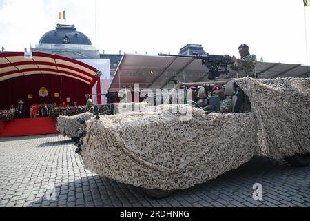 Brussels, Belgium. 21st July, 2023. Military vehicles run during a military and citizens' parade of Belgian National Day celebrations in Brussels, Belgium, on July 21, 2023. Credit: Zheng Huansong/Xinhua/Alamy Live News Stock Photo