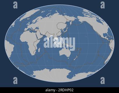 Sunda tectonic plate on the solid contour map in the Fahey projection centered meridionally. Boundaries of other plates Stock Vector