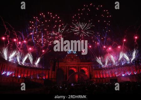 Brussels, Belgium. 21st July, 2023. Fireworks are shot at the concert 'Belgium Celebrates - Belgie viert feest - La Belgique fait la fete' event, at the Parc du Cinquantenaire - Jubelpark, the evening of the Belgian National Day, in Brussels, Friday 21 July 2023. BELGA PHOTO NICOLAS MAETERLINCK Credit: Belga News Agency/Alamy Live News Stock Photo