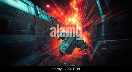 Scifi spaceship thunders away from explosions and laser beams in a futuristic alien scifi tunnel structure in outer space. Stock Photo