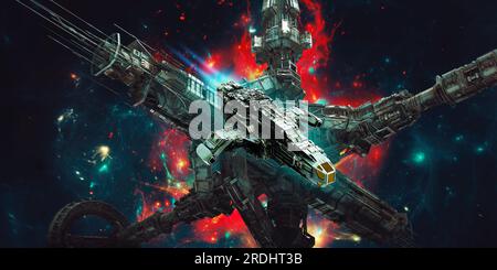 Scifi spaceship flying past a massive futuristic derelict space station in colorful nebula galaxy. Stock Photo