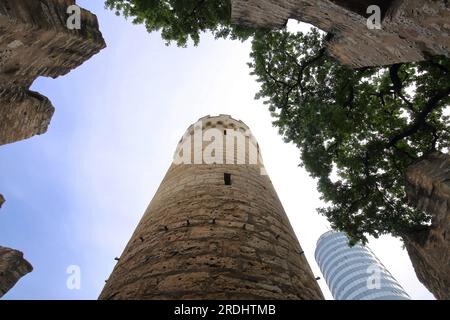 Looking up with historic Pulverturm, city fortifications and Jentower, Jena, Thuringia, Germany Stock Photo