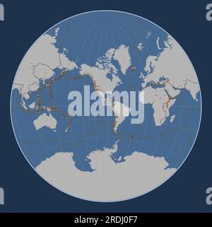 Shape of the Cocos tectonic plate on the solid contour map in the Lagrange projection centered meridionally. Distribution of known volcanoes Stock Vector