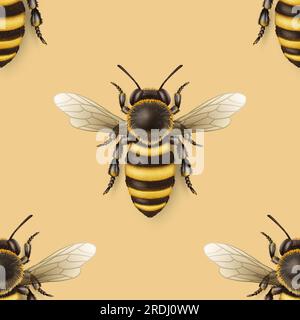 Vector Seamless Pattern with 3d Realistic Detailed Honey Bee Icon Closeup on Yellow Background. Queen Honeybee Design Template, Vector Illustration of Stock Vector