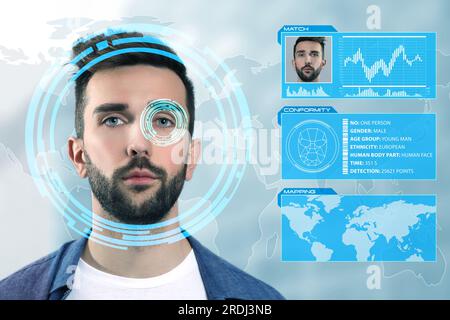 Facial recognition system. Man scanned by iris and personal data against world map Stock Photo