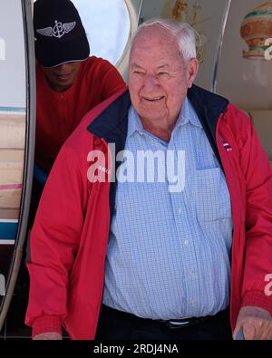 Palm Springs, California, USA. 16th Feb, 2019. Aviation icon, Clay Lacy arriving at the Palm Springs Air Museum to retire Learjet N464CL famous for flying countless move stars, rock stars and dignitaries. (Credit Image: © Ian L. Sitren/ZUMA Press Wire) EDITORIAL USAGE ONLY! Not for Commercial USAGE! Stock Photo