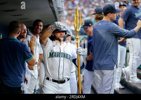 Seattle Mariners' Julio Rodriguez holds a trident in the dugout after  hitting a home run against the Oakland Athletics in a baseball game Monday,  Aug. 28, 2023, in Seattle. (AP Photo/Lindsey Wasson Stock Photo - Alamy