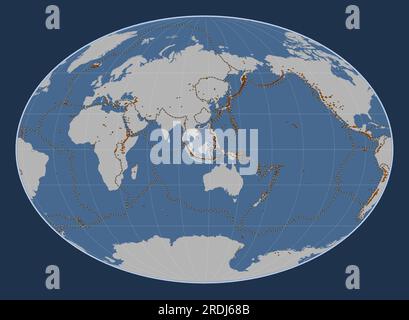 Sunda tectonic plate on the solid contour map in the Fahey projection centered meridionally. Distribution of known volcanoes Stock Vector