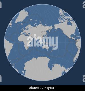 Sunda tectonic plate on the solid contour map in the Lagrange projection centered meridionally. Boundaries of other plates Stock Vector