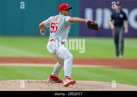 CLEVELAND, OH - JULY 21: Philadelphia Phillies first baseman Bryce Harper  (3) flips to Philadelphia Phillies starting pitcher Ranger Suarez (55)  covering first base to retire Cleveland Guardians left fielder Steven Kwan (