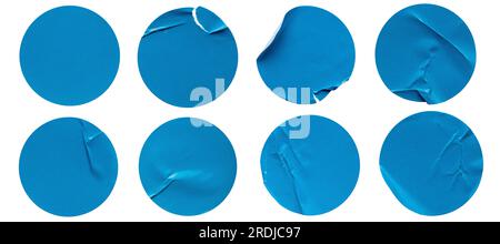 Blank blue round adhesive paper sticker label isolated on white ...