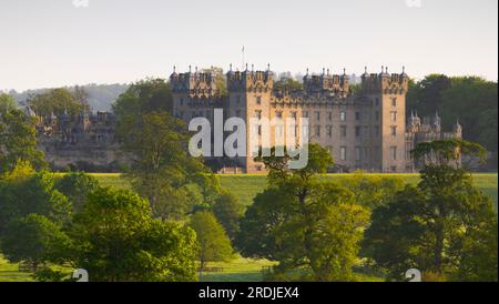 19th May 2023  Weather, Kelso, Scottish Borders, Scotland.  An early morning view as the sun breaks on Floors Castle which sits above the River Tweed Stock Photo