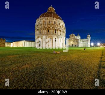 Evening, Camposanto, Baptistery, Battistero di Pisa, Leaning Tower, Torre pendente di Pisa, Cathedral, Cattedrale Metropolitana Primaziale di Santa Stock Photo