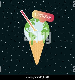 Global warming and climate change poster with ice cream melting Earth in waffle. I scream phrase with thermometer. Global temperature rising. Environm Stock Vector
