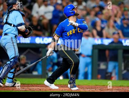 Seattle Mariners' Mike Ford follows through on a solo home run against the  Detroit Tigers during the ninth inning of a baseball game Friday, July 14,  2023, in Seattle. (AP Photo/Lindsey Wasson