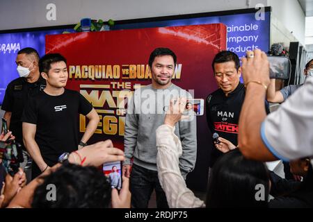 Bangkok, Thailand. 20th July, 2023. Legendary Filipino boxer Manny Pacquiao arrives for joint a press conference on his upcoming battle against Thai Muay Thai fighter Buakaw Banchamek. (Photo by Amphol Thongmueangluang/SOPA Images/Sipa USA) Credit: Sipa USA/Alamy Live News Stock Photo