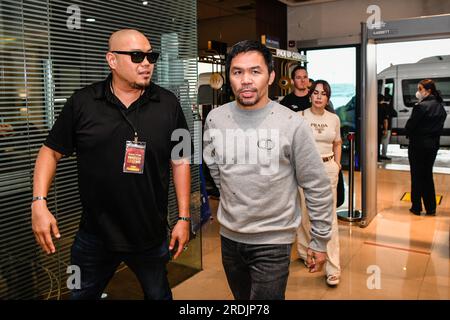 Bangkok, Thailand. 20th July, 2023. Legendary Filipino boxer Manny Pacquiao arrives for joint a press conference on his upcoming battle against Thai Muay Thai fighter Buakaw Banchamek. (Photo by Amphol Thongmueangluang/SOPA Images/Sipa USA) Credit: Sipa USA/Alamy Live News Stock Photo