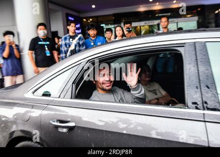 Bangkok, Thailand. 20th July, 2023. Legendary Filipino boxer Manny Pacquiao arrives for joint a press conference on his upcoming battle against Thai Muay Thai fighter Buakaw Banchamek. Credit: SOPA Images Limited/Alamy Live News Stock Photo