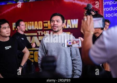 Bangkok, Thailand. 20th July, 2023. Legendary Filipino boxer Manny Pacquiao arrives for joint a press conference on his upcoming battle against Thai Muay Thai fighter Buakaw Banchamek. Credit: SOPA Images Limited/Alamy Live News Stock Photo