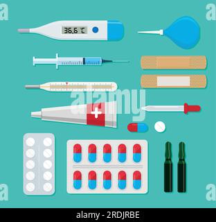 Pharmacy set items. Medicines, medical products. Vector illustration in flat cartoon style. Stock Vector