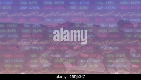 Composite of financial data processing over landscape Stock Photo