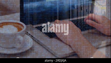Composite of binary coding data processing over caucasian woman using laptop Stock Photo