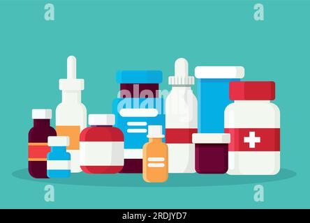 Pharmacy set items. Medicines, medical products. Vector illustration in flat cartoon style. Stock Vector