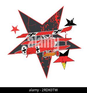 T-shirt design of an old red plane on stars with the colors of the German flag. Vector illustration of war themes. Stock Vector