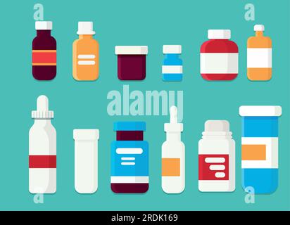 Pharmacy set items. Medicines, medical products. Vector illustration in flat cartoon style. Stock Vector