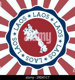 Laos Badge. Round logo of country with triangular mesh map and radial rays. EPS10 Vector. Stock Vector
