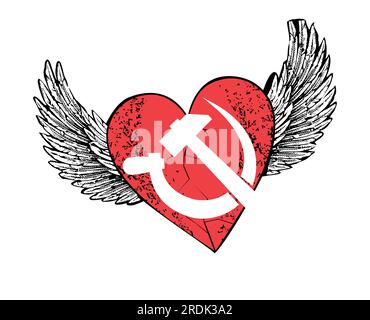 T-shirt design of a winged red heart with the symbol of communism isolated on white. Vector illustration of a hammer and sickle for stickers. Stock Vector