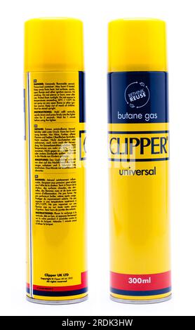 Two 300 ml Containers of Universal Valve Butane Gas Lighter Refill Fluid. One showing information on the back of the Cannister Stock Photo