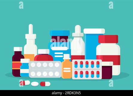 Pharmacy set items. Medicines, medical products. Vector illustration in flat cartoon style. Stock Vector