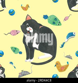 Watercolor illustration the cat itches and cat toys . Seamless pattern hand drawn on a yellow background. For the design and decoration of souvenirs Stock Photo