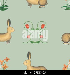 Watercolor illustrations rabbits and plants in medieval style. Seamless pattern hand drawn on a green background. Medieval tapestry Stock Photo