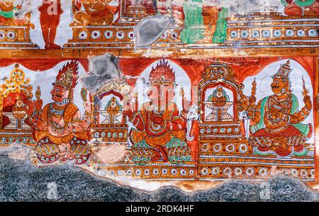 16th Century Nayak murals fresco paintings in Thillai Nataraja Temple ceiling, Chidambaram, Tamil Nadu, South India, India, Asia Stock Photo