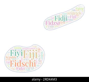 Fiji shape filled with country name in many languages. Fiji map in wordcloud style. Elegant vector illustration. Stock Vector