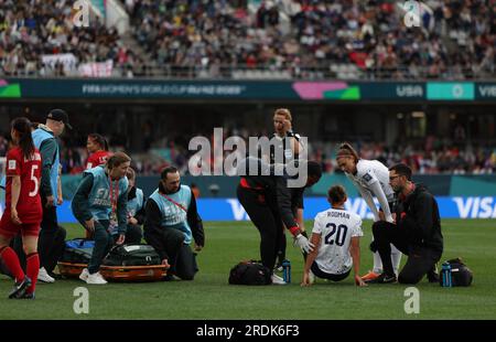 Auckland, New Zealand. 22nd July, 2023. Trinity Rodman (3rd R) of the United States gets injured during the group E match between the United States and Vietnam at the FIFA Women's World Cup in Auckland, New Zealand, July 22, 2023. Credit: Qin Lang/Xinhua/Alamy Live News Stock Photo