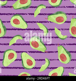 Seamless striped pattern with watercolor avocado. Vector fruit background. Stock Vector