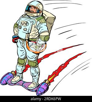 Incredible movement speed. The technologies of the future are getting closer. The astronaut moves through space on a jet board. Pop Art Retro Stock Vector