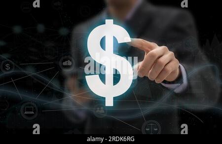 Hand pointing at creative glowing polygonal dollar sign on blurry office interior background. Online banking and digital transformation concept Stock Photo